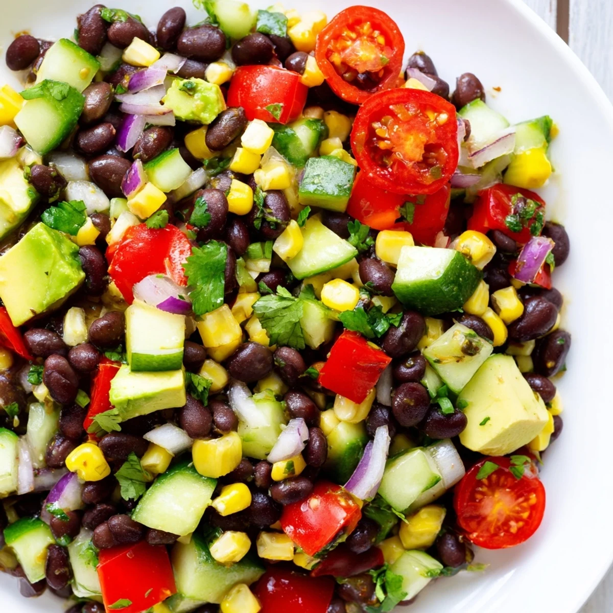 Fresh chopped black bean salad tossed with zesty lime dressing and vibrant bell pepper pieces