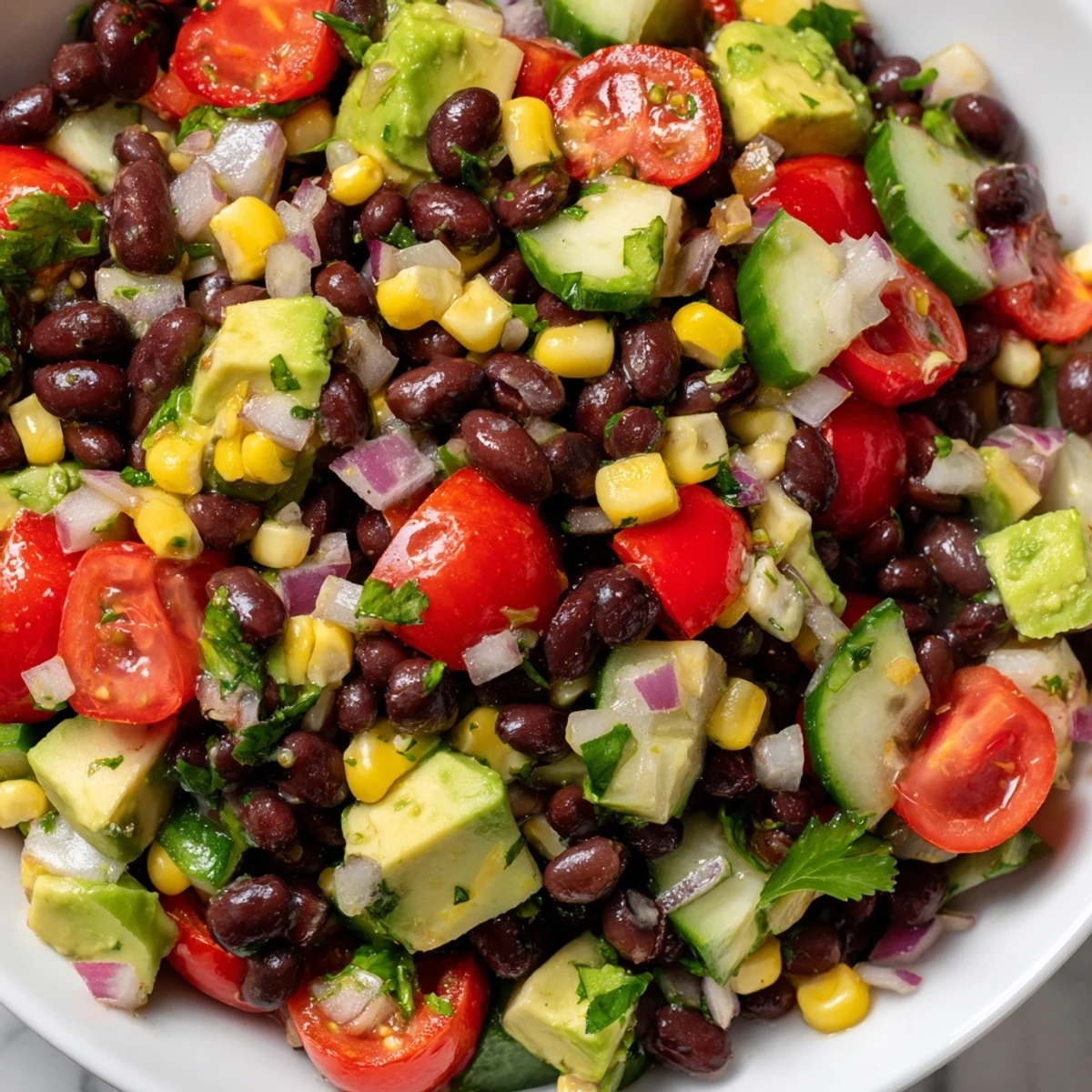 Protein-packed chopped black bean salad featuring sweet corn, red onion, and creamy avocado cubes