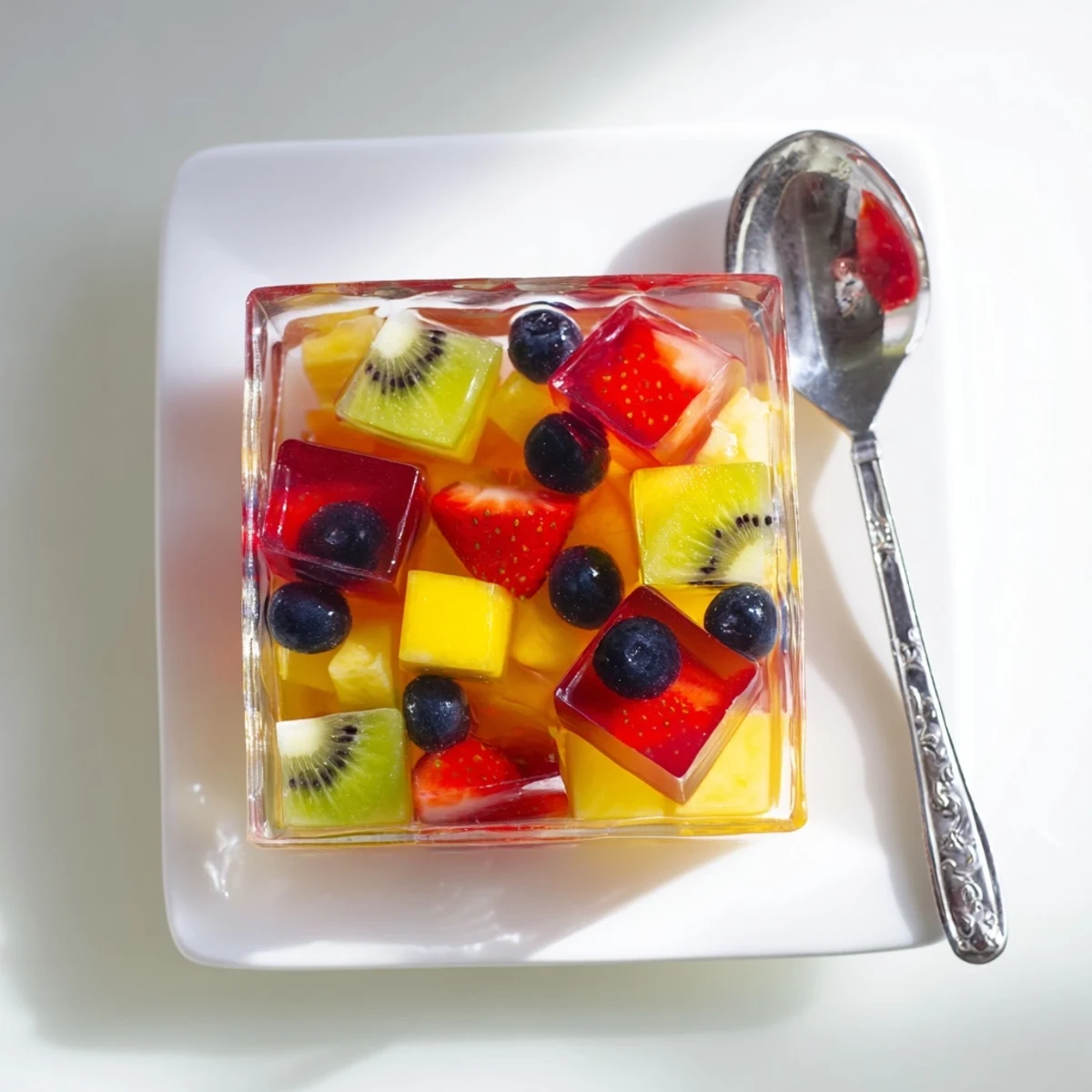 Chilled agar agar fruit jelly cubes featuring vibrant tropical fruit arranged in layered patterns for summer dessert