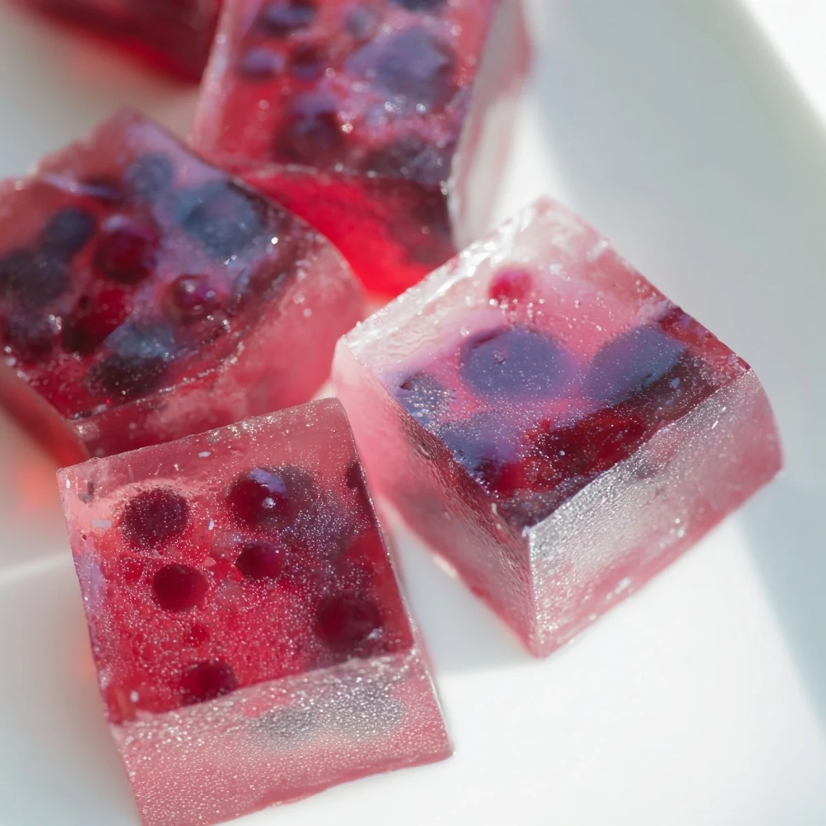 Gut-friendly probiotic jello cubes arranged on a white plate for nutritious snack time