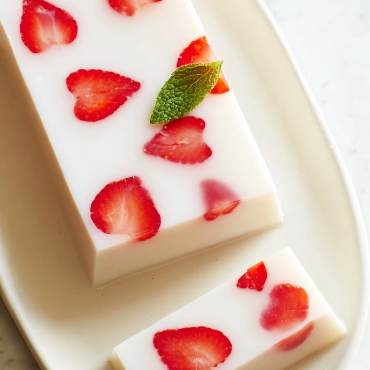 Light Japanese strawberries and milk yokan sliced into serving pieces with mint garnish