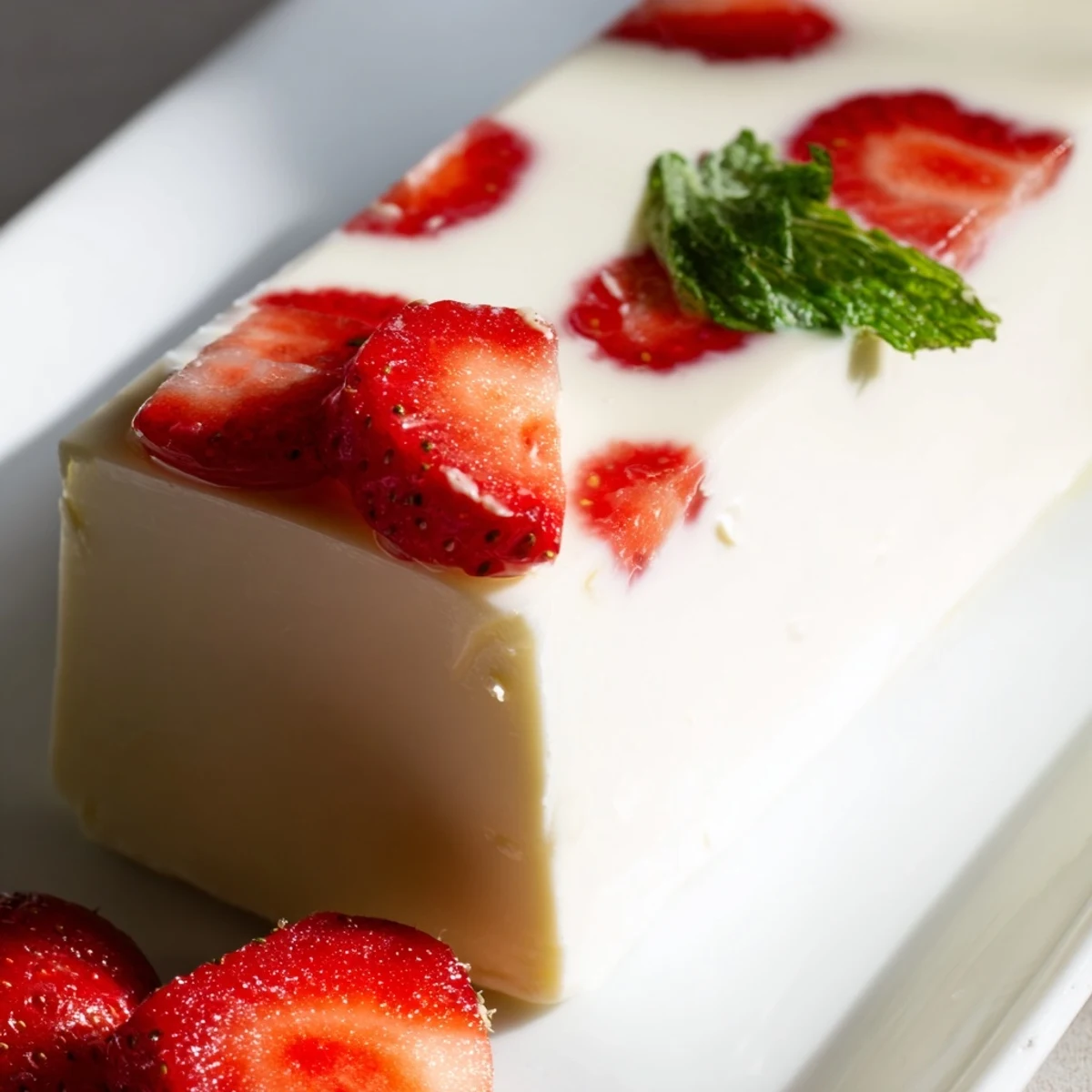 Creamy milk yokan dessert featuring fresh strawberry halves suspended in smooth white jelly
