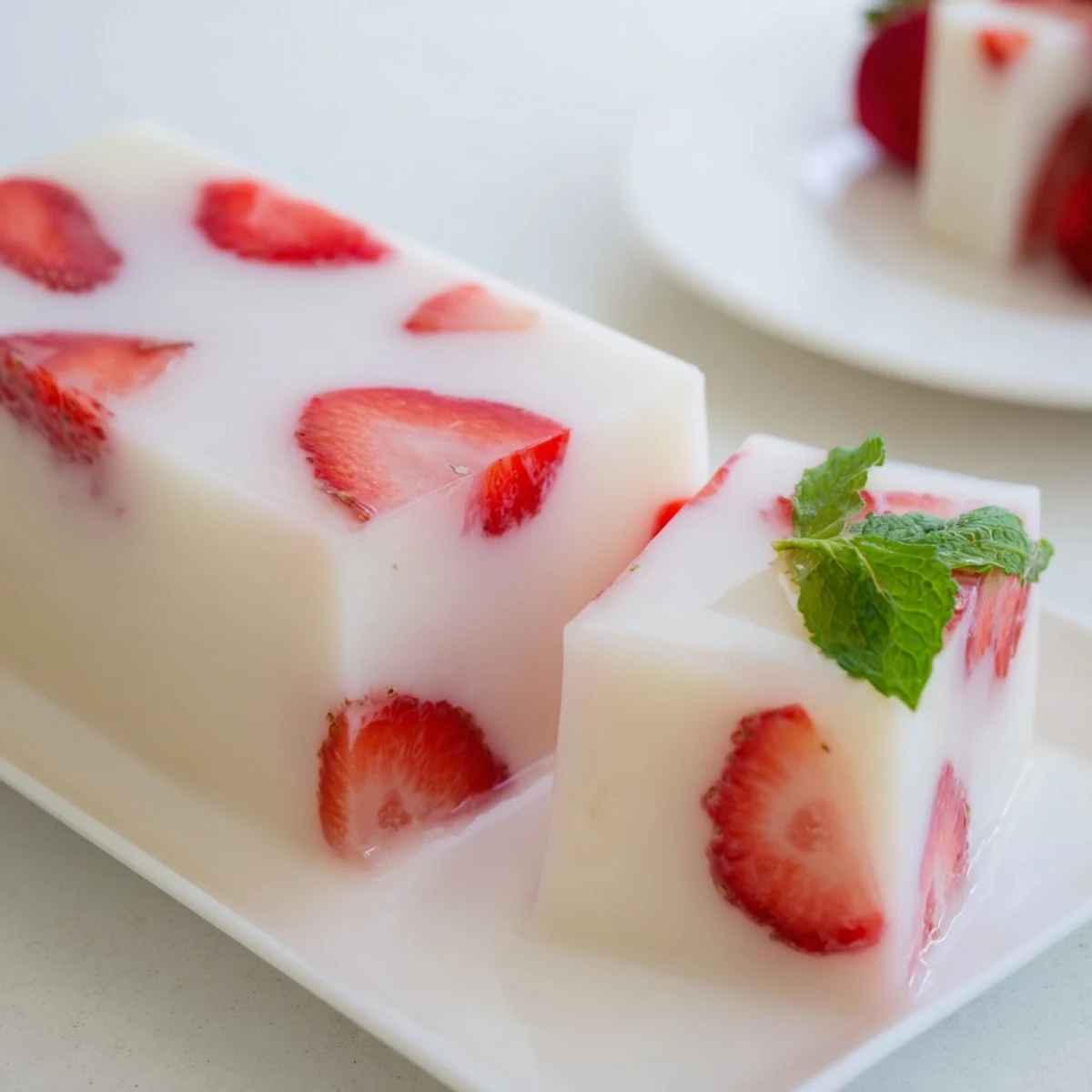 Sweet white milk yokan speckled with ripe red strawberries in rectangular mold