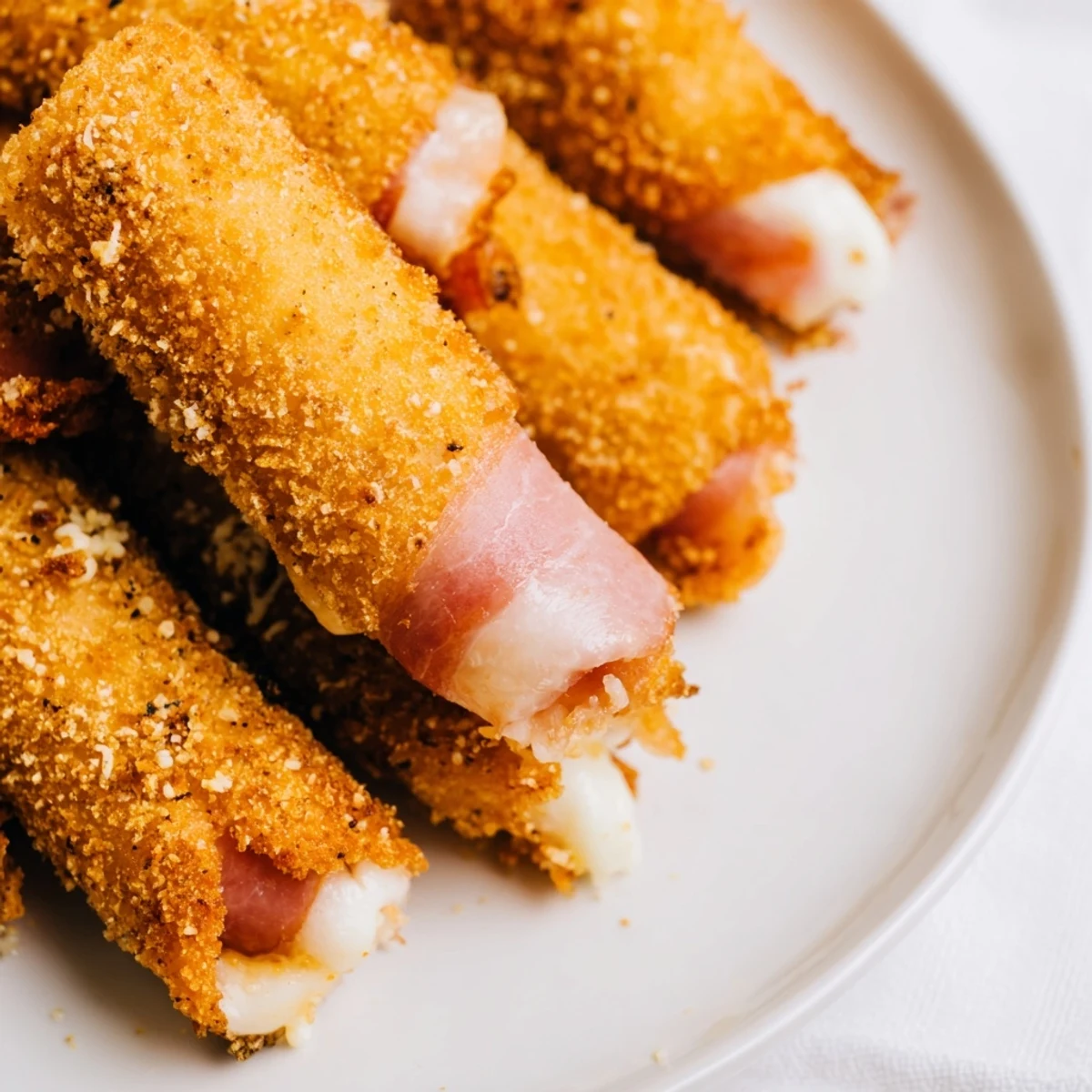 Golden brown ham and cheese sticks arranged on a serving platter with dipping sauce