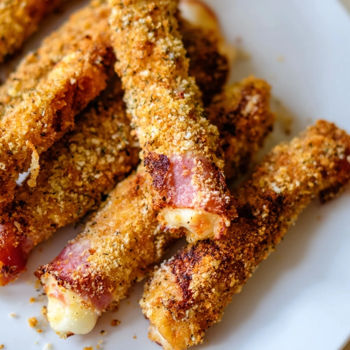 Crispy fried ham and cheese sticks oozing melted mozzarella on a white plate