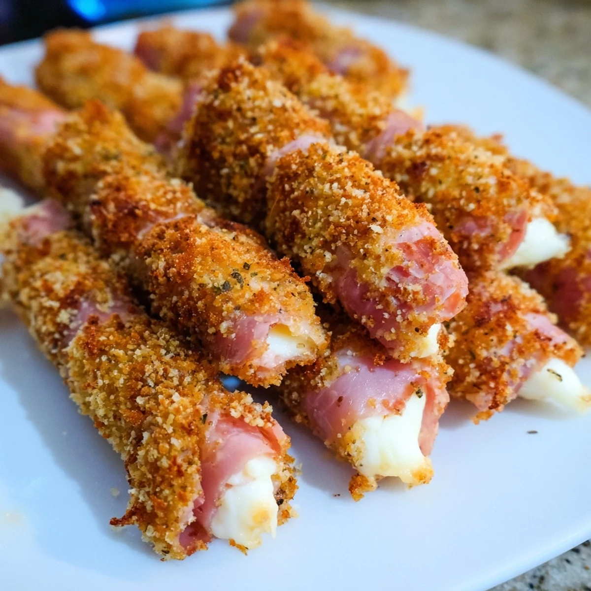 Homemade ham and cheese sticks with seasoned breadcrumb coating served as party appetizer