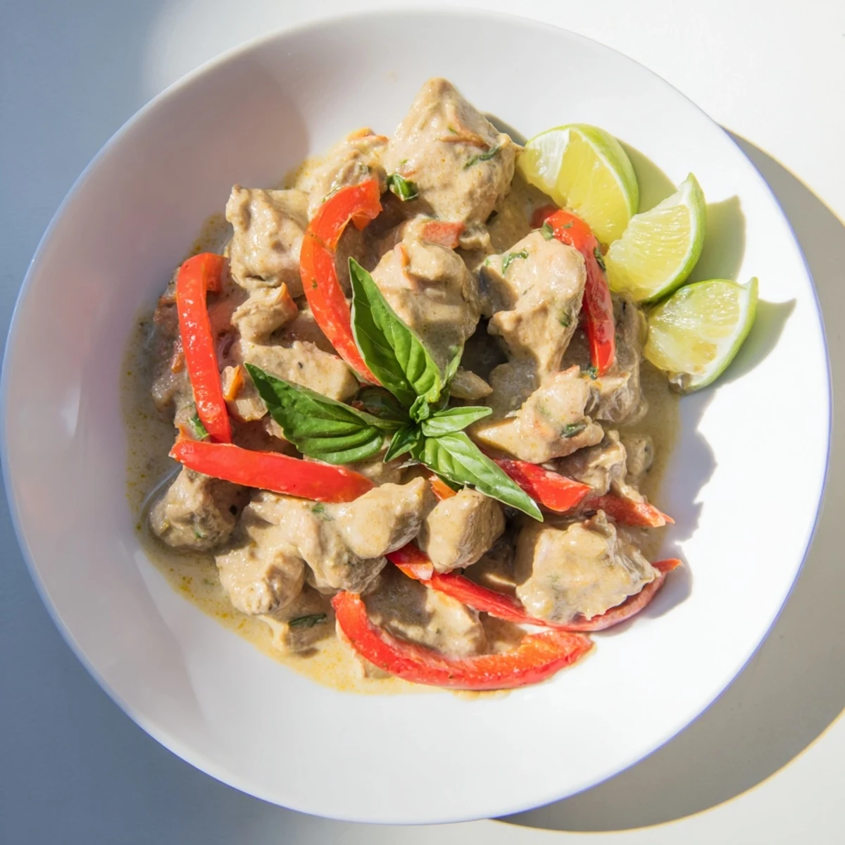 Tender chicken simmered in fragrant Thai-style coconut curry with red bell pepper slices and vibrant fresh basil sprinkled throughout