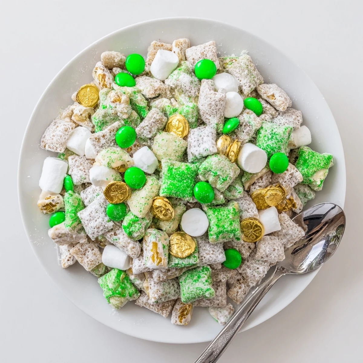 Festive green and white St. Patricks Day Lucky Chow with colorful candies and marshmallows in a serving bowl