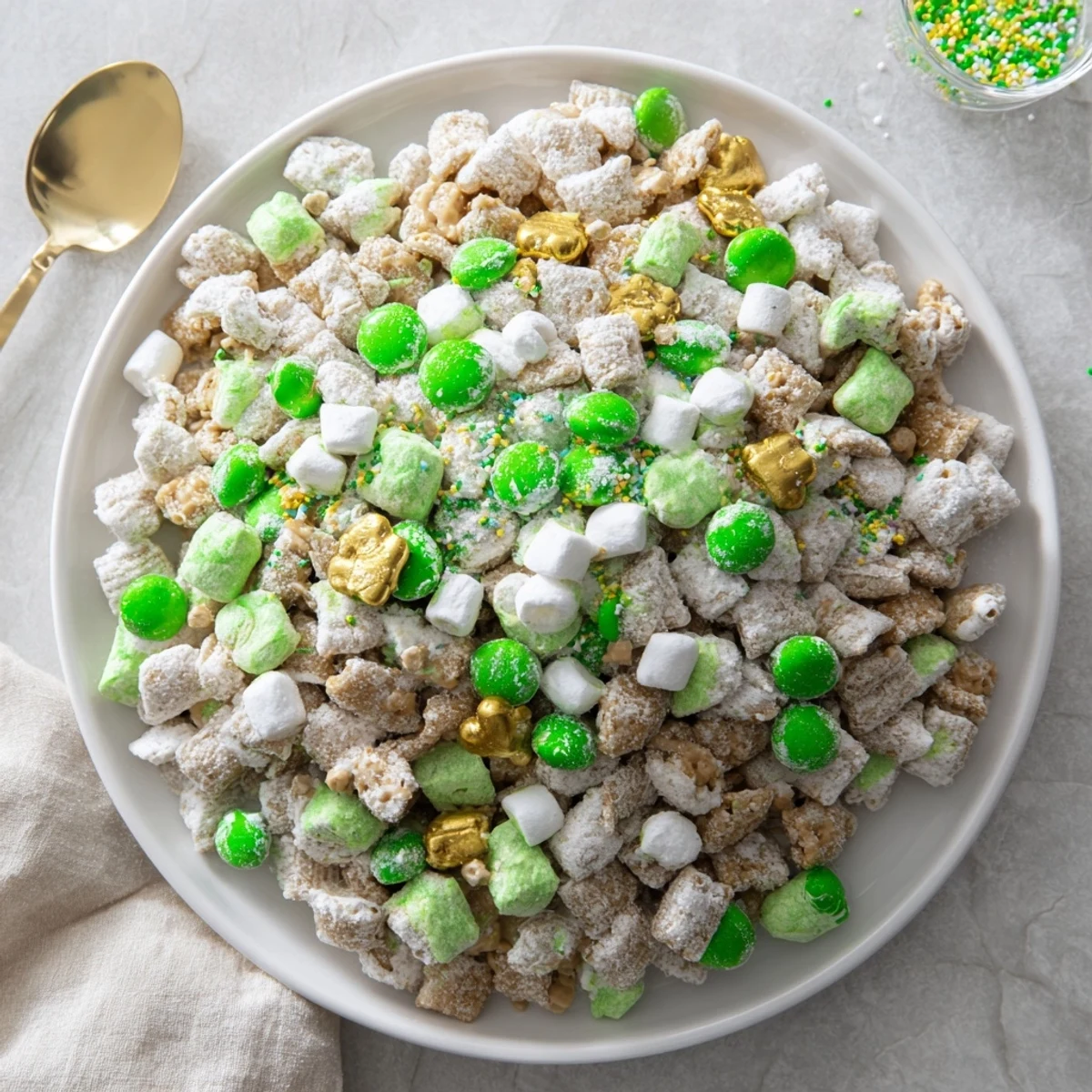 Creamy white chocolate St. Patricks Day Lucky Chow tossed with green sprinkles and marshmallow bits