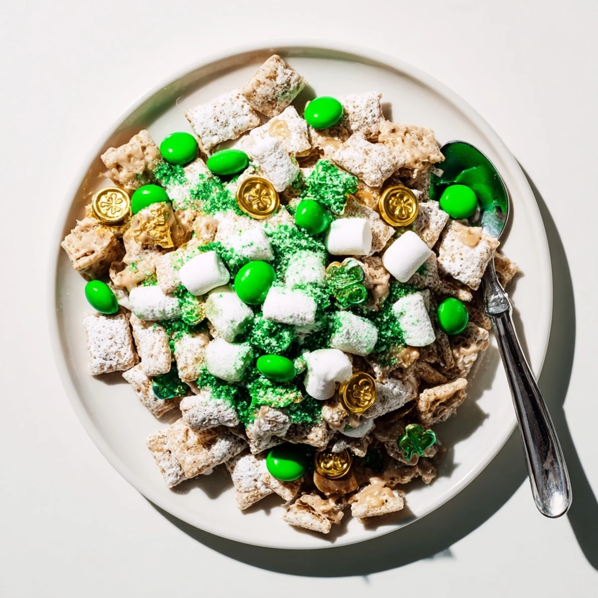 Powdered sugar-coated St. Patricks Day Lucky Chow sprinkled with gold coins and green candies for holiday parties