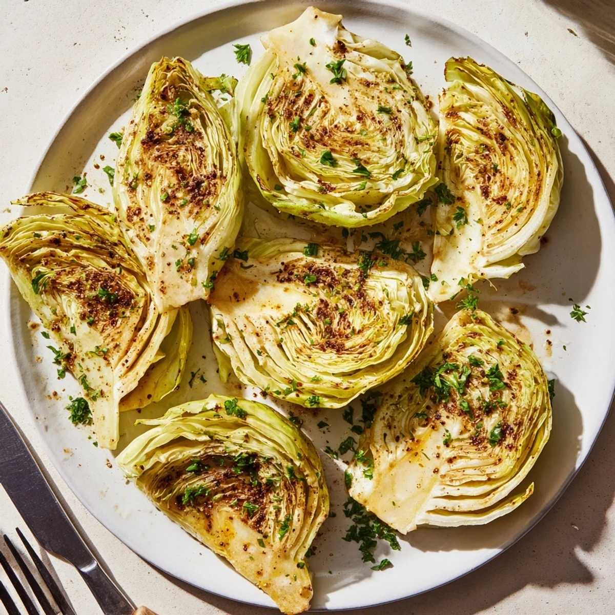 Golden roasted cabbage wedges with crispy caramelized edges and tender seasoned centers on a white baking sheet