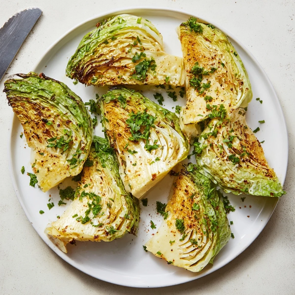 Oven-baked green cabbage wedges brushed with olive oil and spices, garnished with fresh parsley on parchment paper