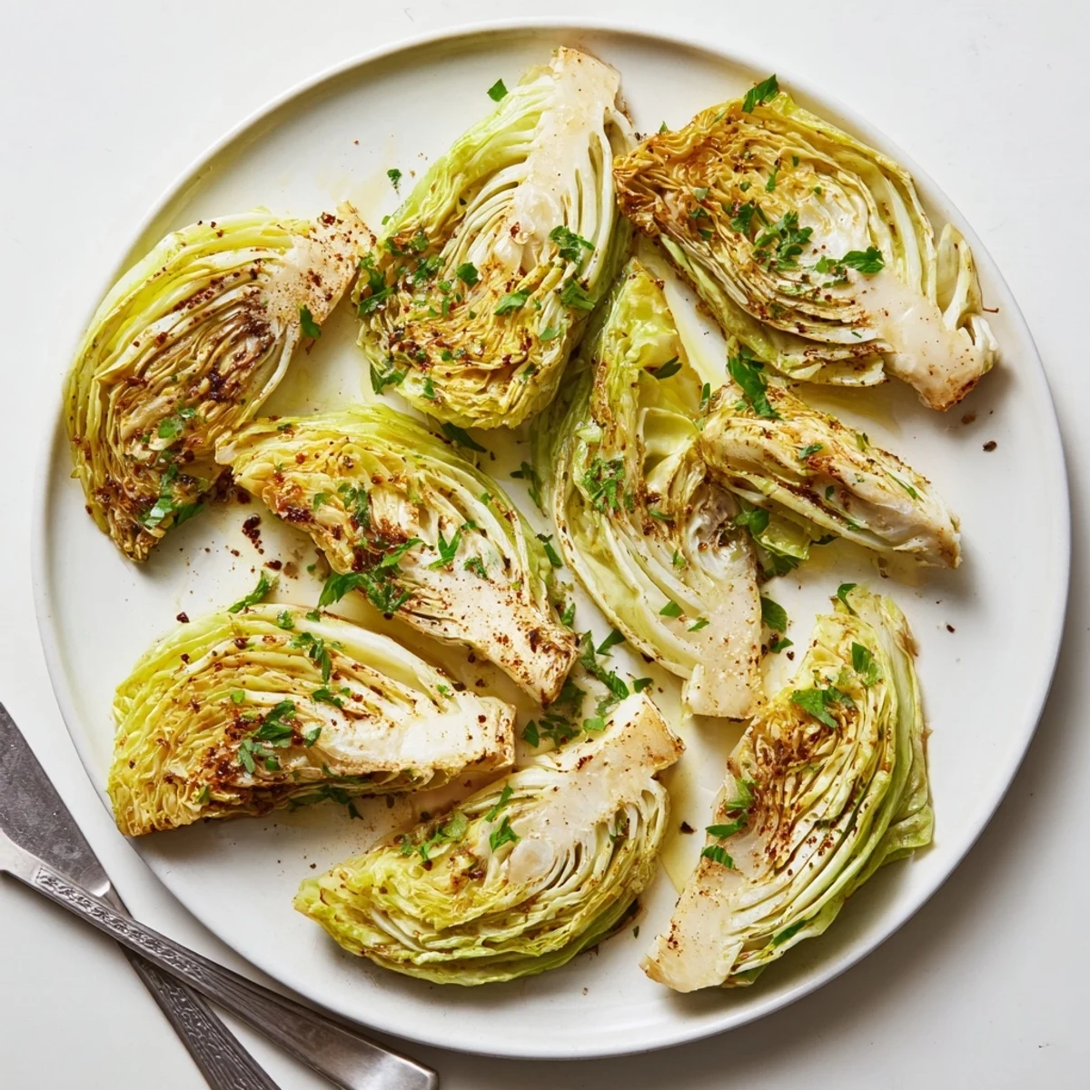 Perfectly roasted cabbage slices showing browned crispy edges and soft interior, seasoned with garlic powder and smoked paprika