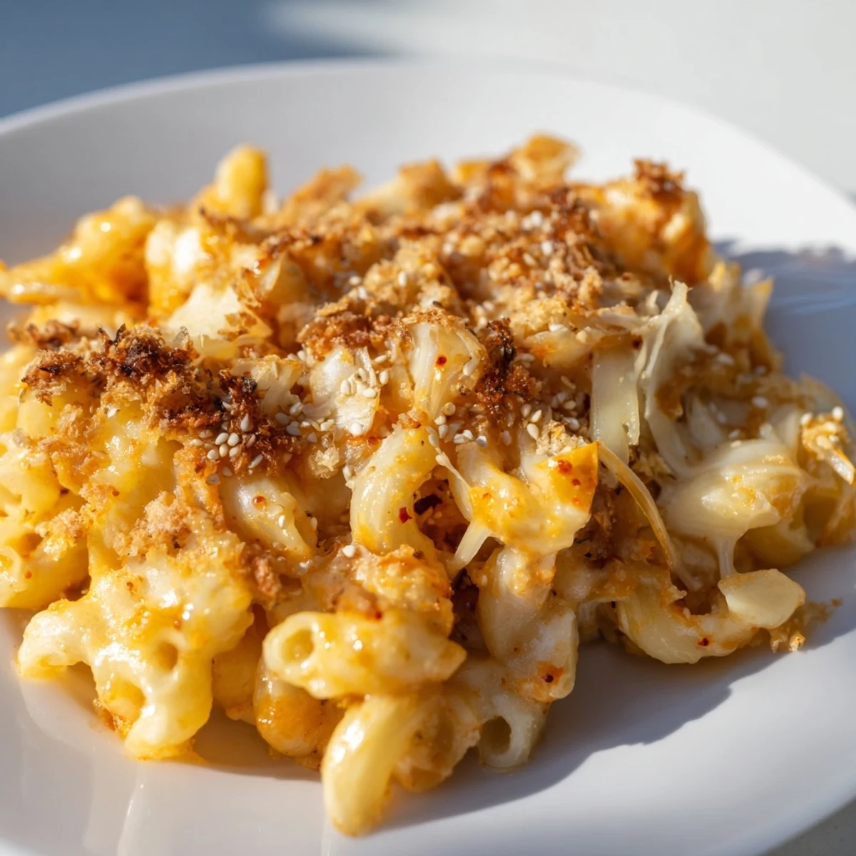 Creamy kimchi mac and cheese bubbling in a baking dish with golden panko topping