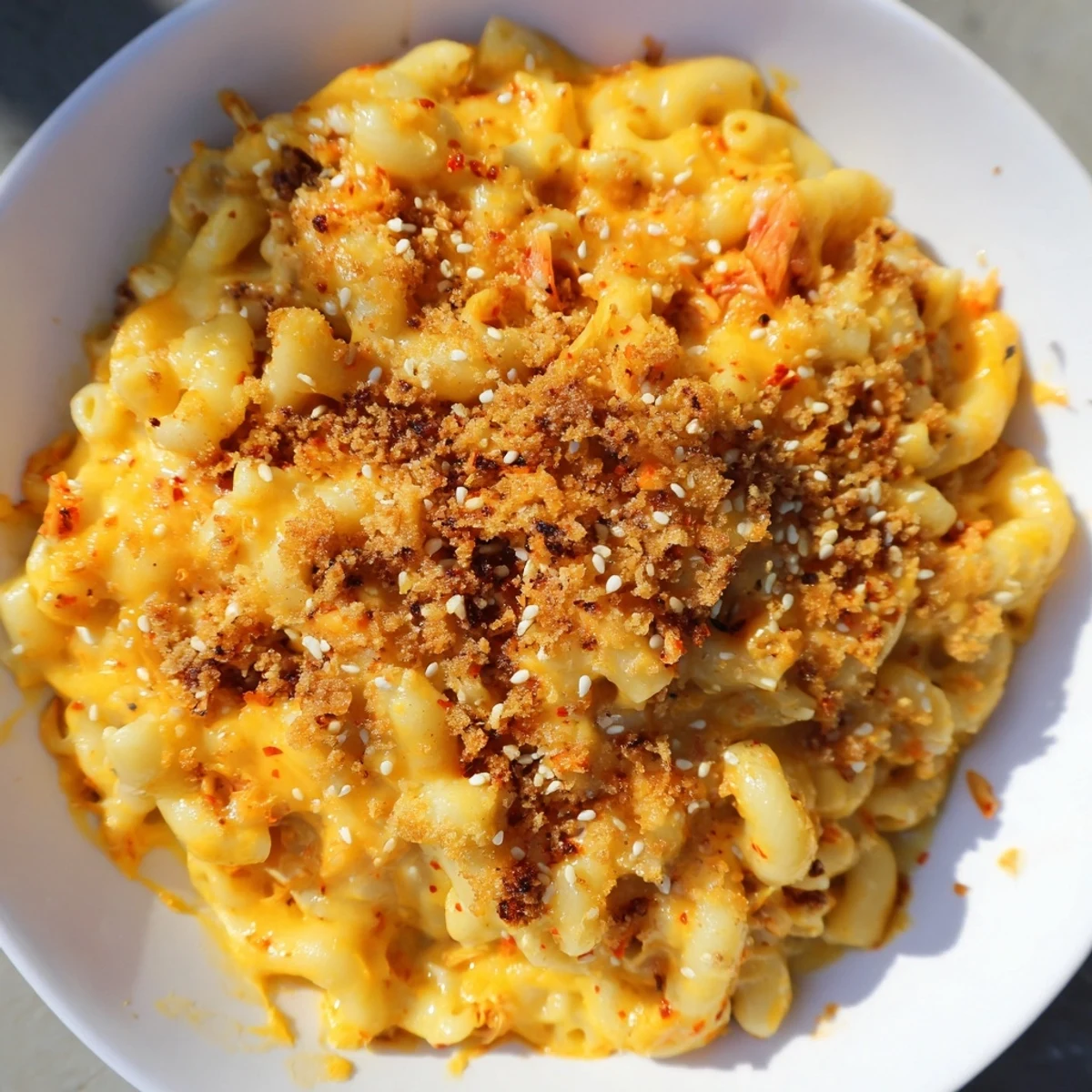 Bowl of spicy kimchi mac and cheese featuring melted cheddar and chopped fermented cabbage