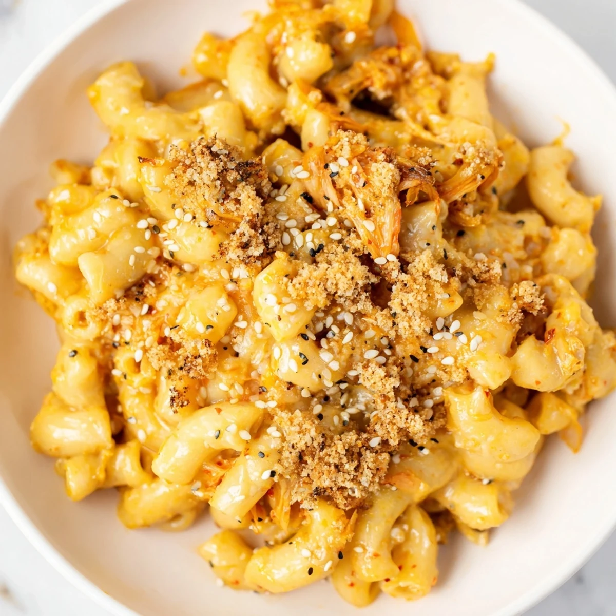 Golden baked kimchi mac and cheese topped with crispy breadcrumbs and sesame seeds