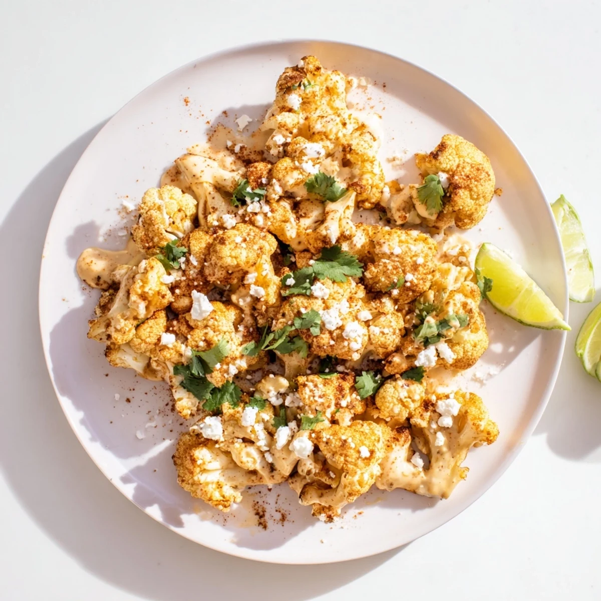 Roasted cauliflower elote coated in creamy sauce and sprinkled with crumbled cotija cheese