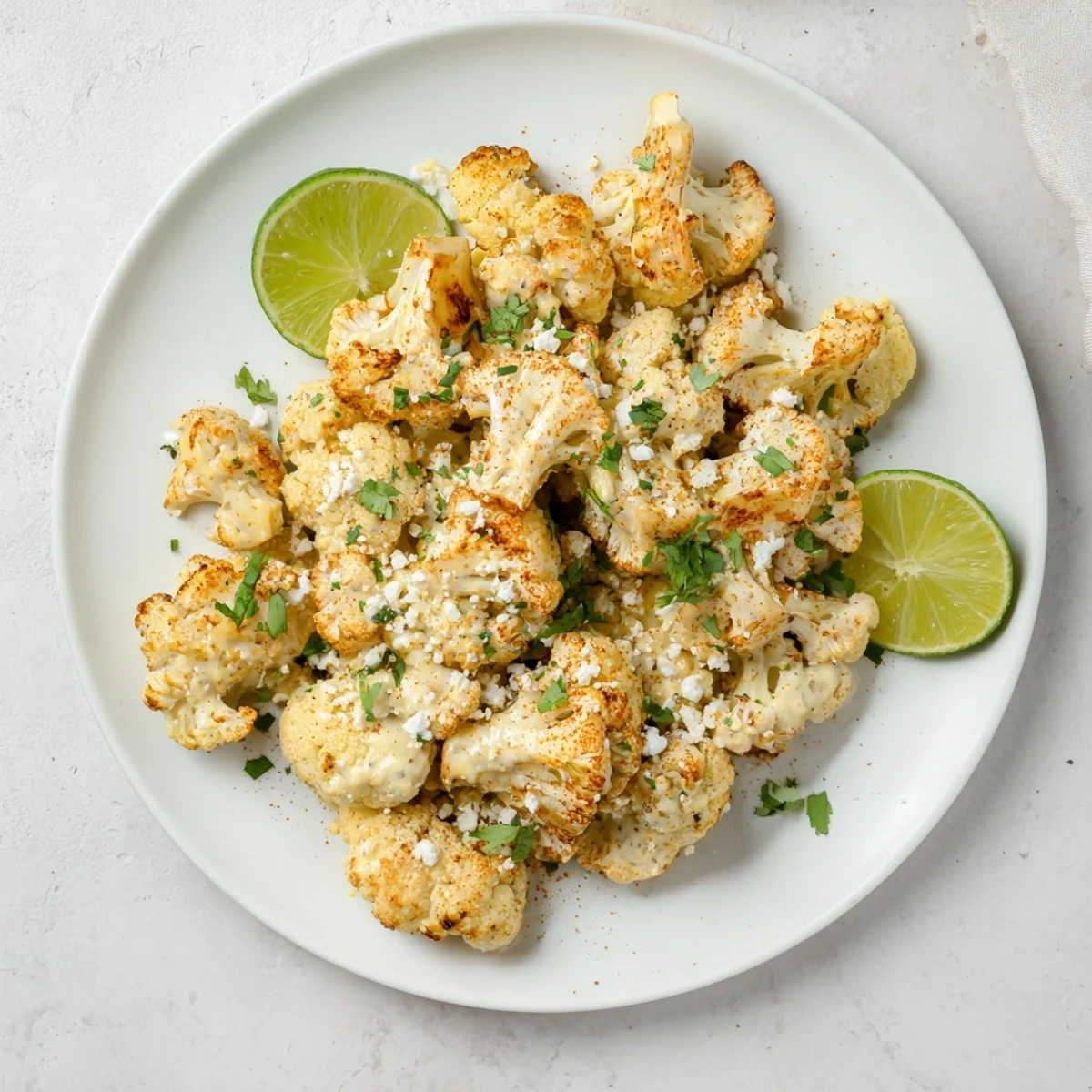 Cauliflower elote street corn style with smoky spices, cotija, and lime wedges
