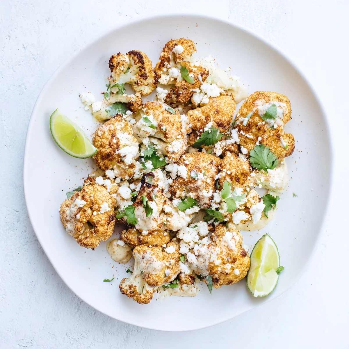 Golden cauliflower elote drizzled with tangy lime mayonnaise and topped with fresh cilantro