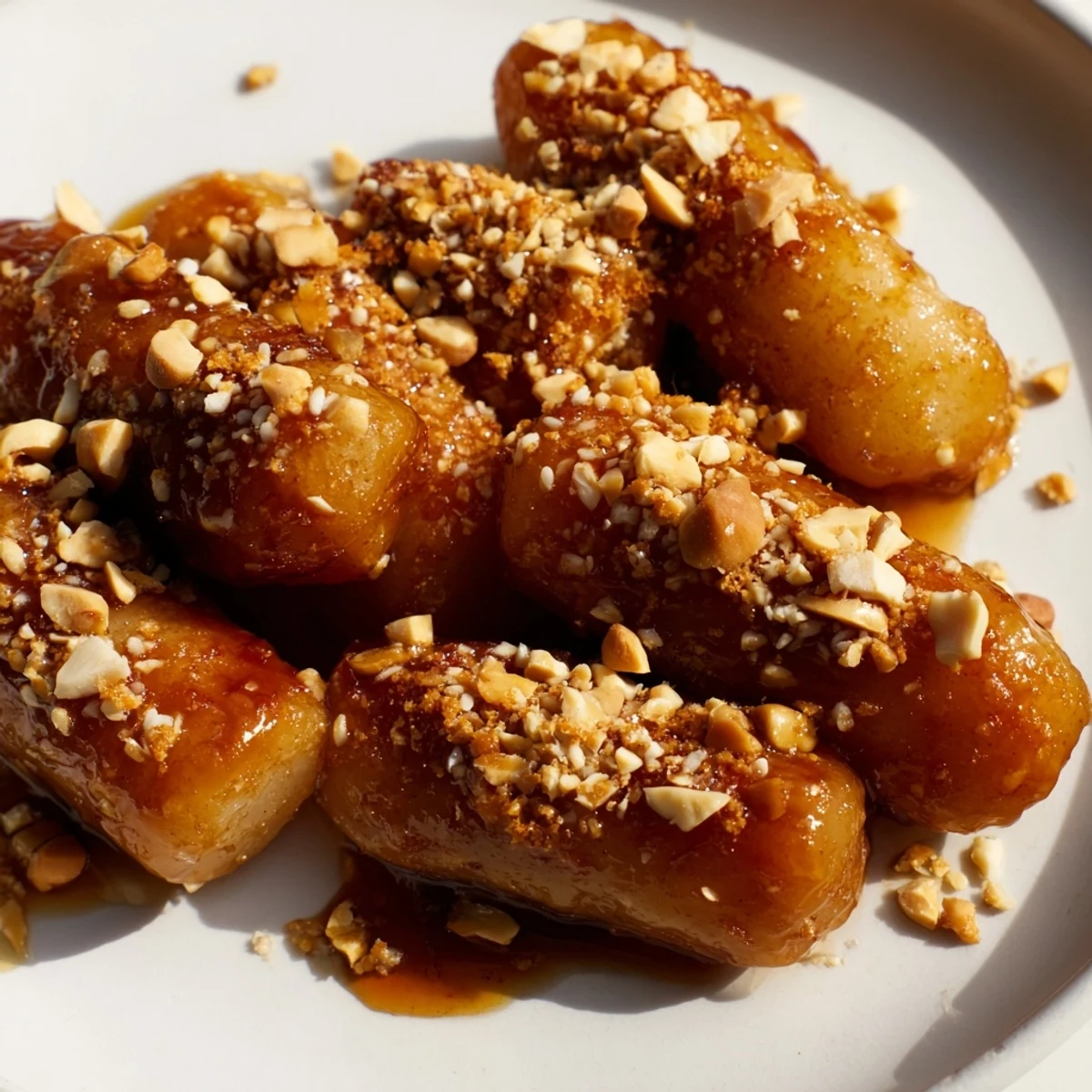 Golden pan-fried Korean rice cakes coated in glossy sweet butter glaze with sesame seeds