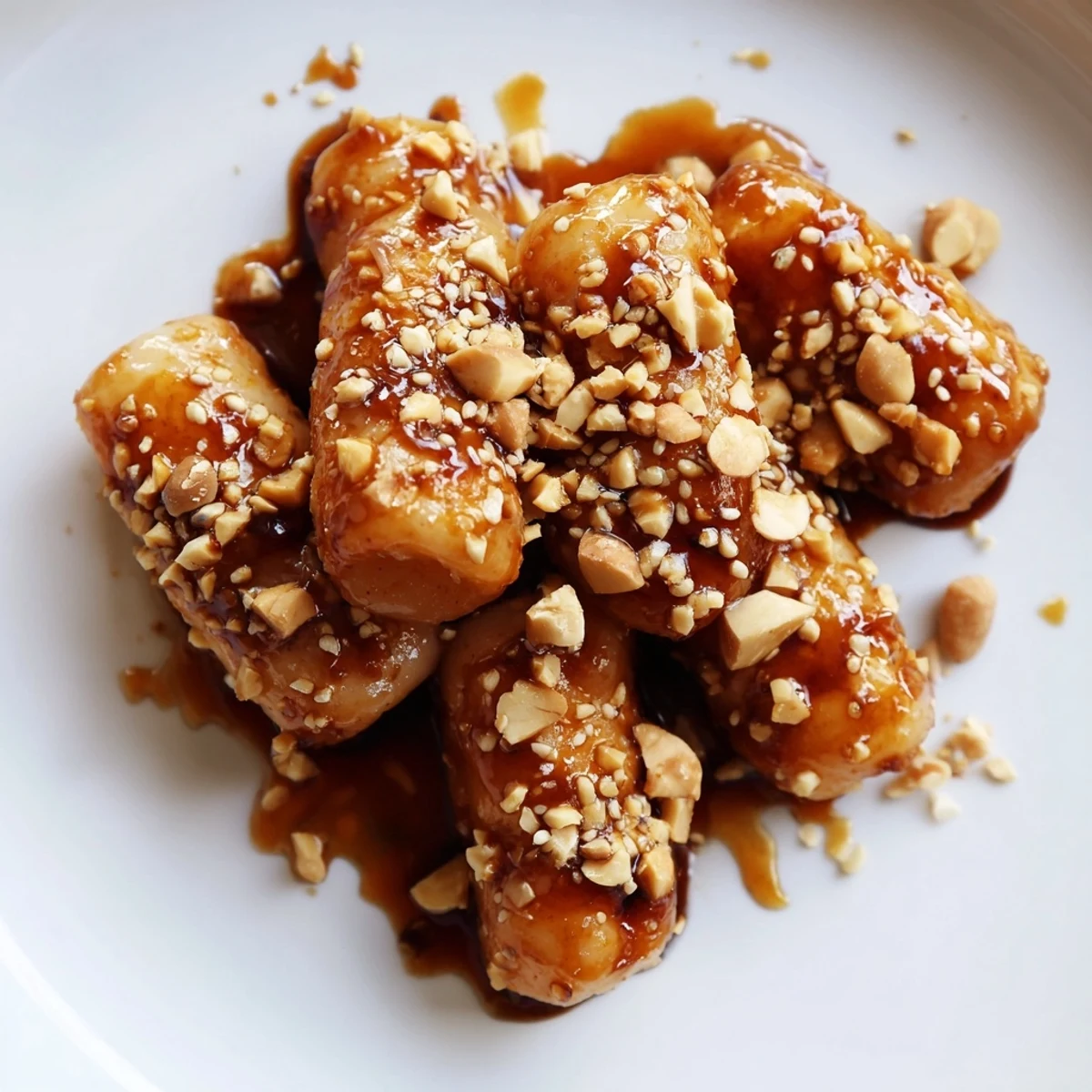 Chewy tteok rice cakes pan-fried until crispy then drizzled with luscious honey butter sauce
