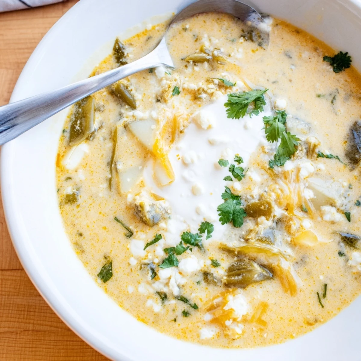 Creamy Chile Relleno Soup topped with fresh cilantro, crumbled queso fresco, and crispy tortilla strips