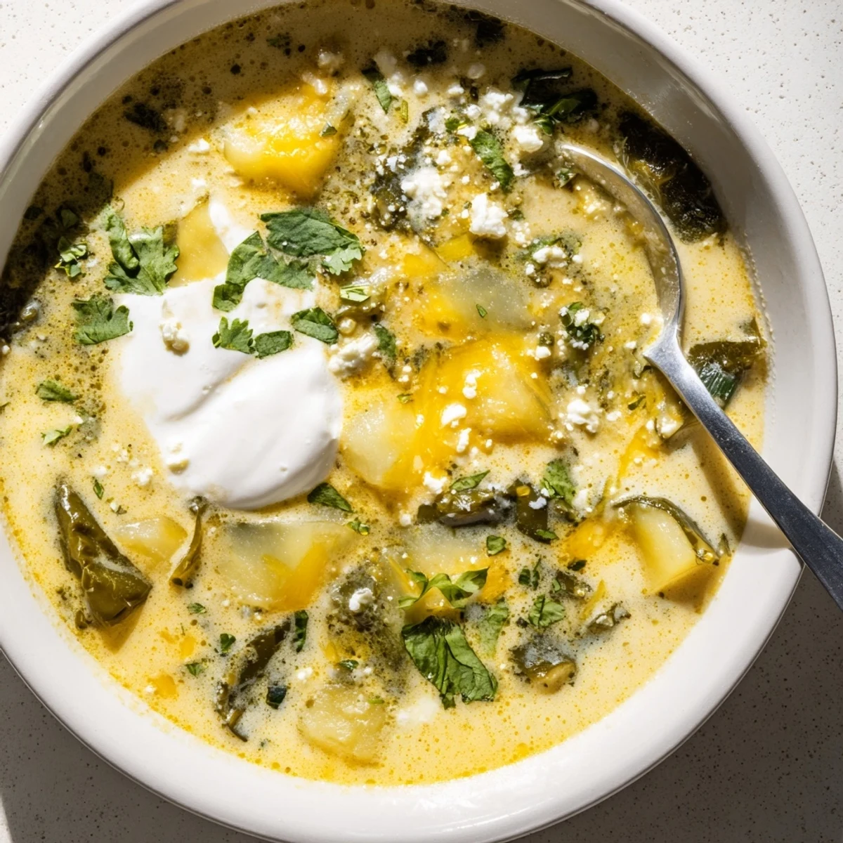 Bowl of Chile Relleno Soup featuring roasted poblano peppers melted cheeses and warm rustic bread