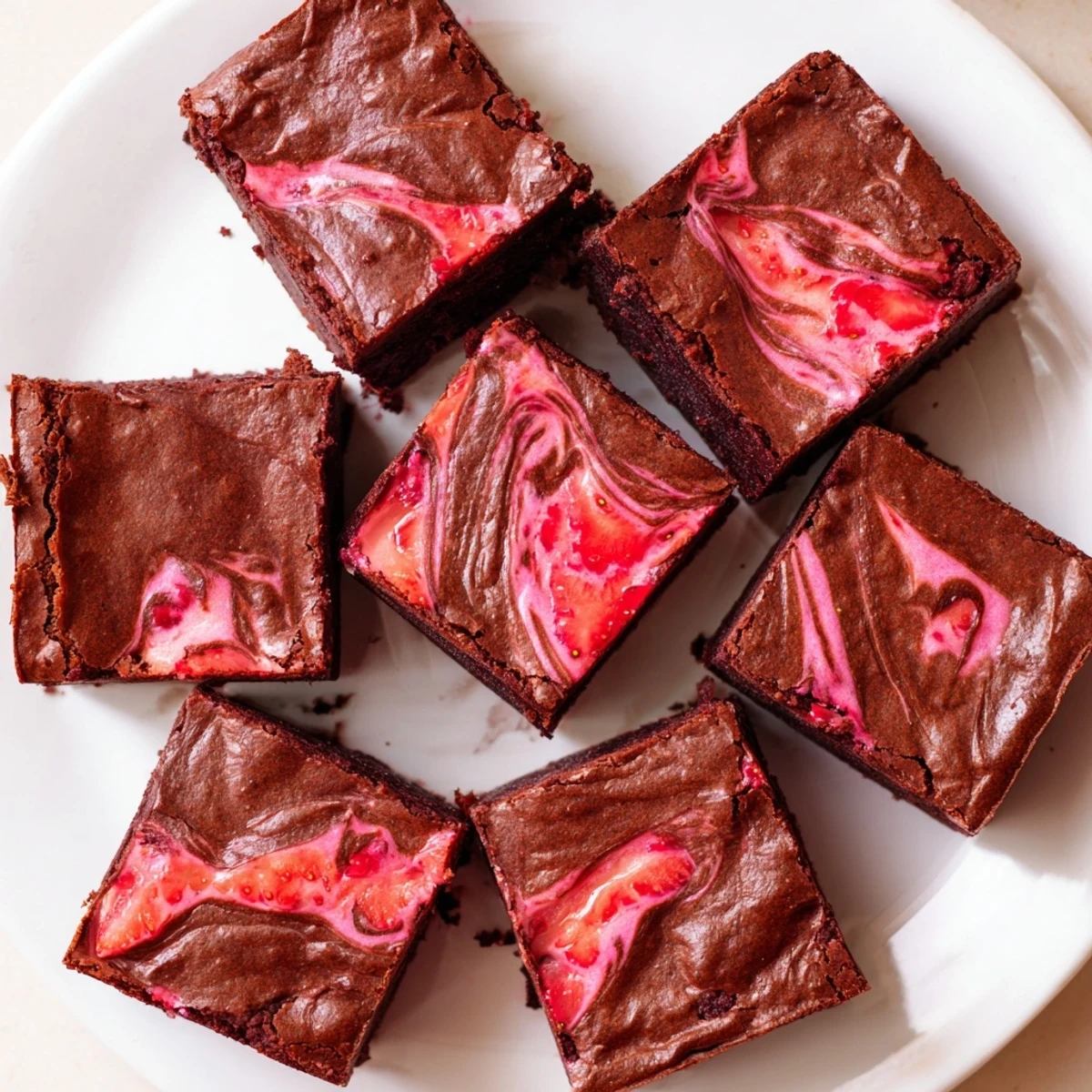 Fudgy chocolate strawberry brownies with vibrant red swirls on a white plate