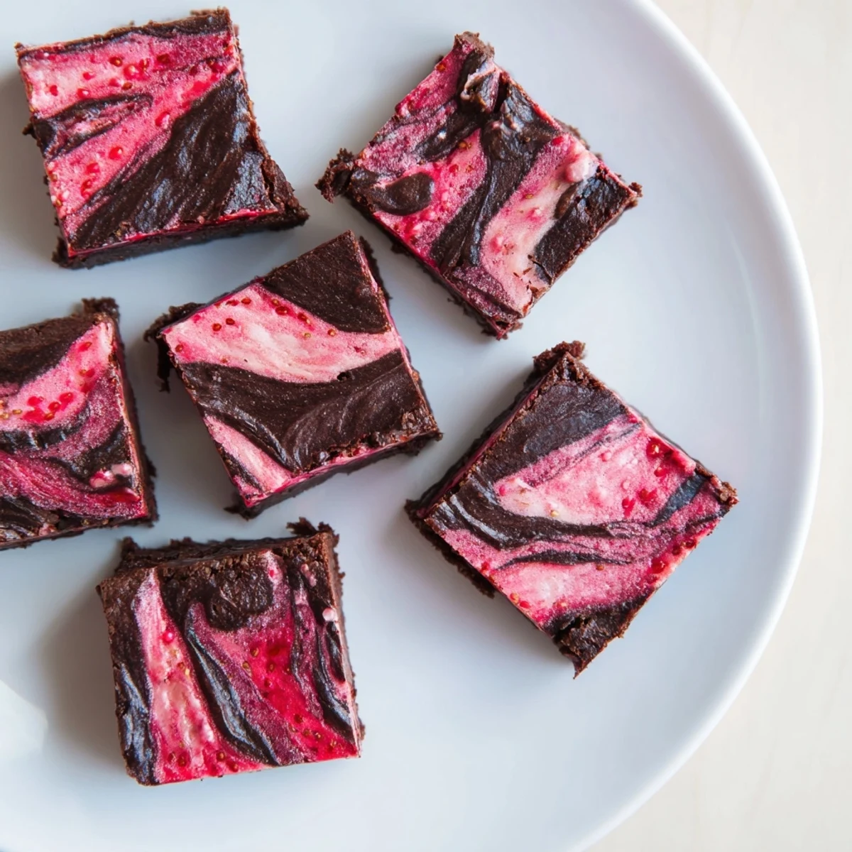 Fresh strawberry swirl brownies displayed as fudgy chocolate squares with pink ribbons