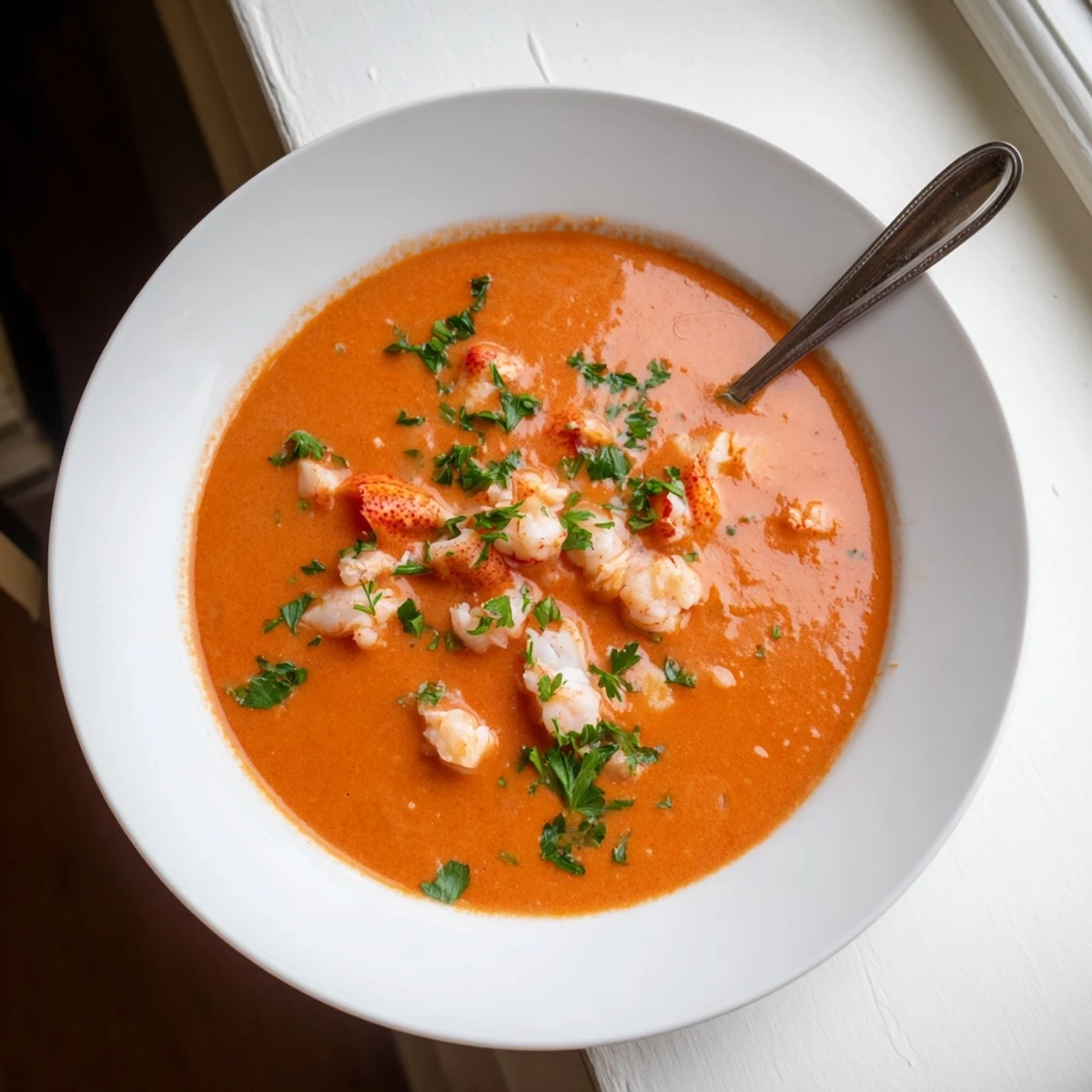 Golden bowl of creamy prawn and lobster bisque garnished with fresh parsley and served with crusty bread