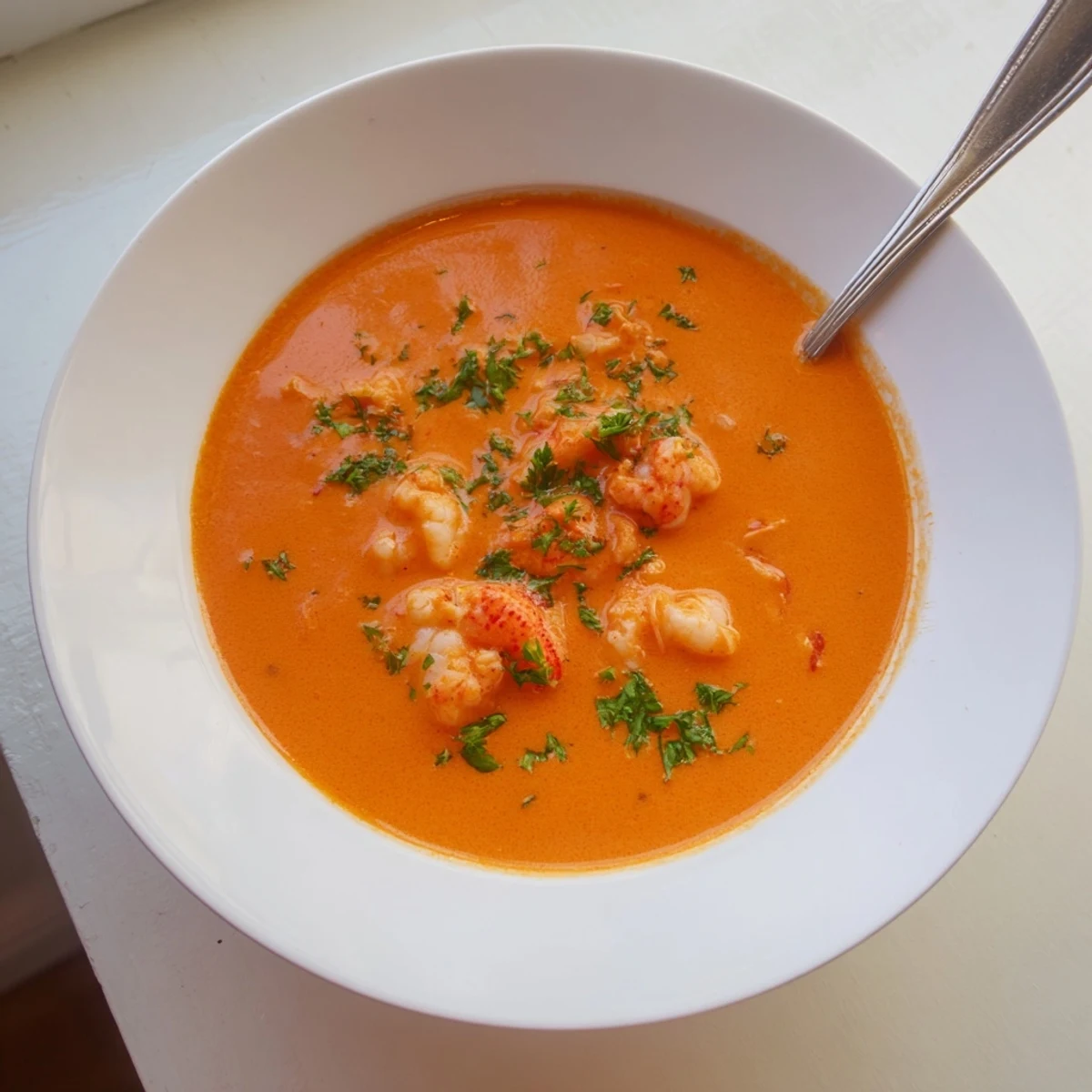 Velvety French seafood soup featuring tender prawn and lobster pieces swimming in a rich, smooth cream broth