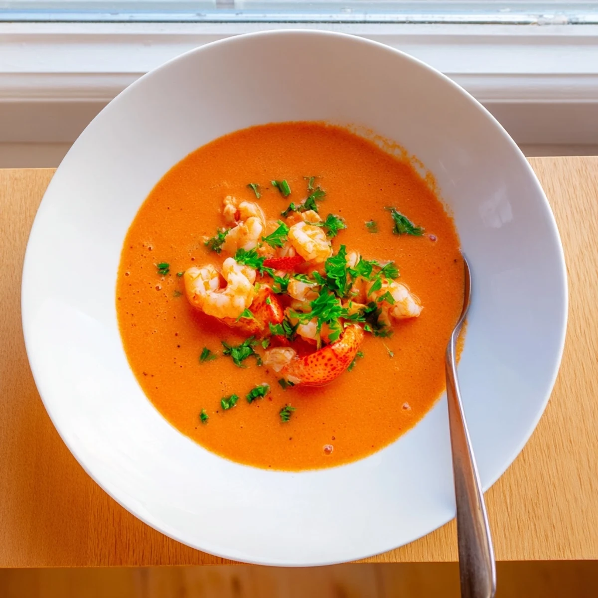 Elegant white bowl of luxurious prawn and lobster bisque topped with chopped parsley and a drizzle of cream