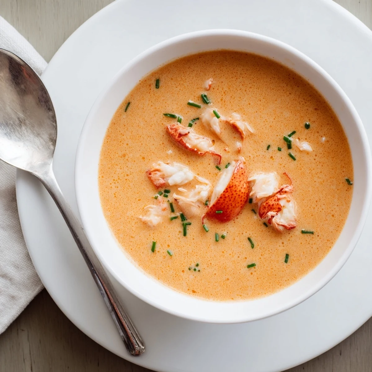 Restaurant-style lobster bisque with smooth orange-red broth and succulent meat in an elegant serving bowl