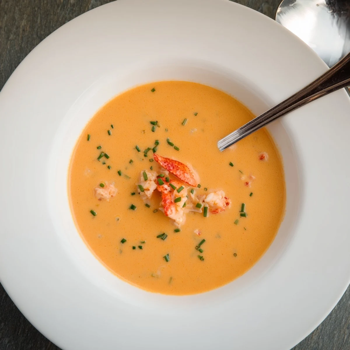 Rich and velvety lobster bisque featuring chunks of claw meat and a sprinkle of green onions