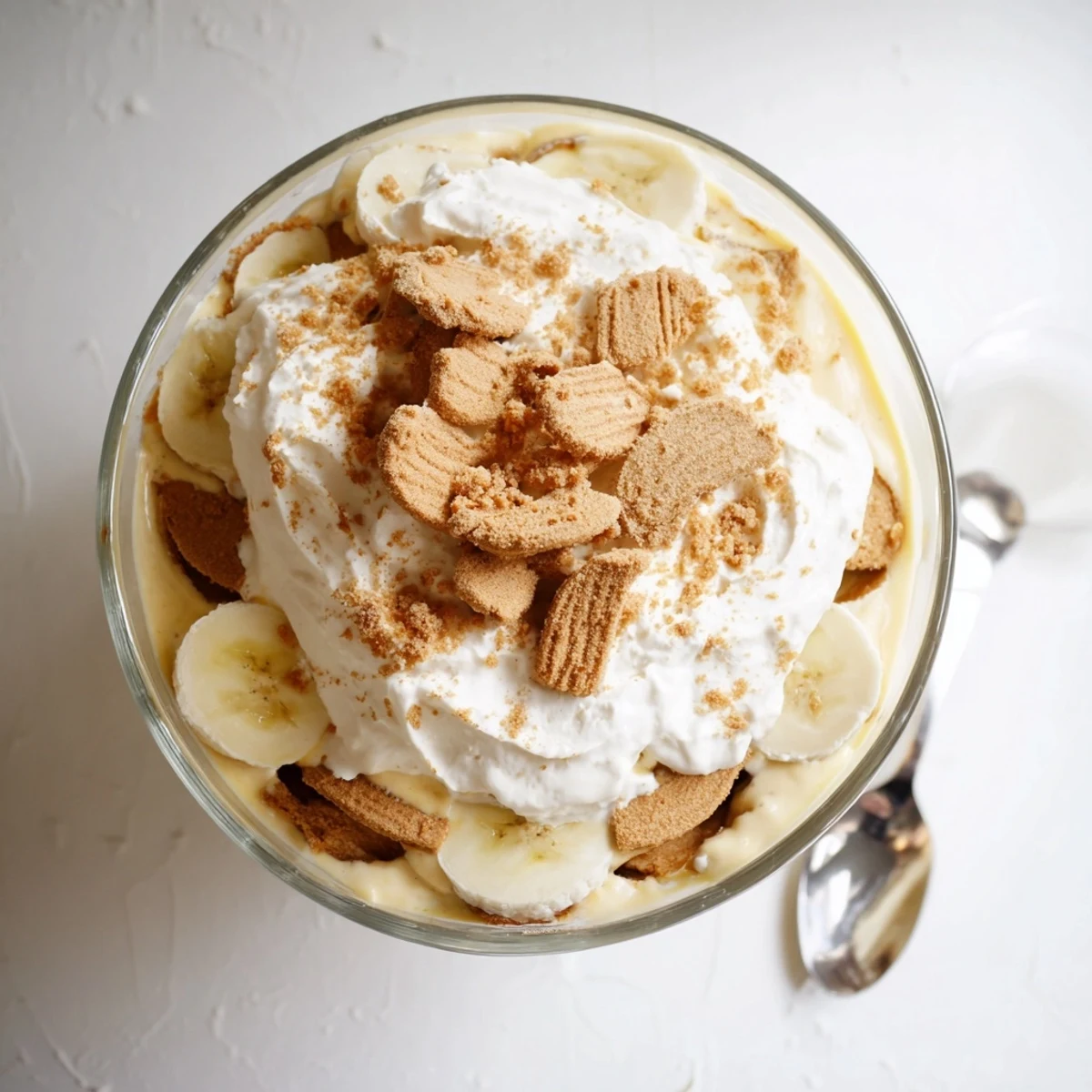 Glass trifle dish revealing layered Biscoff banana pudding with fresh sliced bananas and spiced caramel cookies