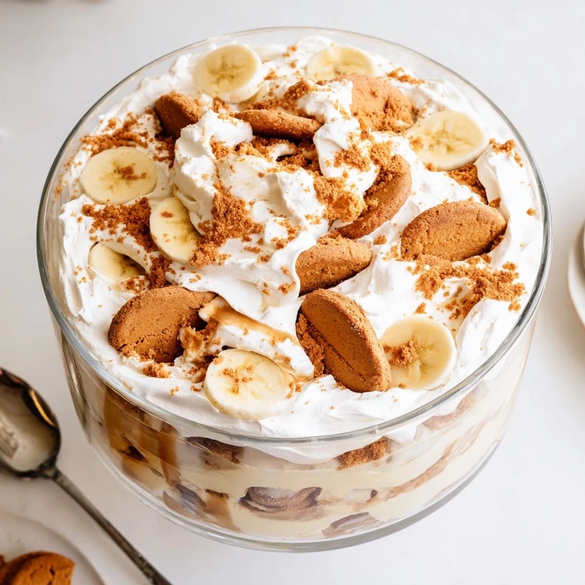 Creamy no-bake Biscoff banana pudding topped with whipped cream and crushed Biscoff cookie garnish