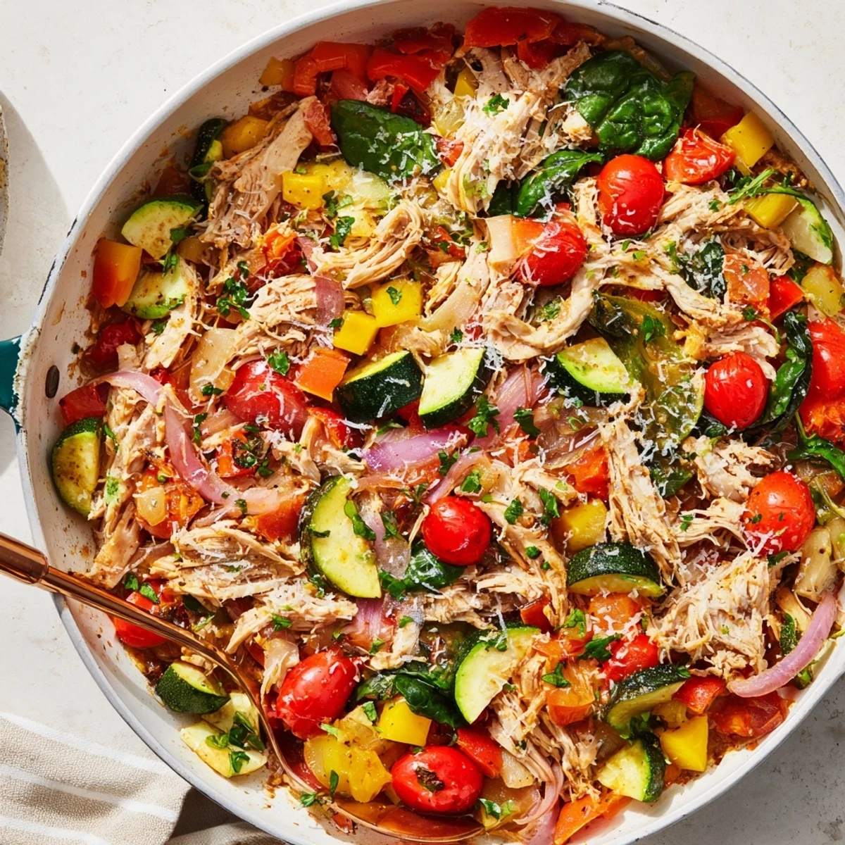 Golden rotisserie chicken and colorful bell peppers sizzling in a cast iron skillet