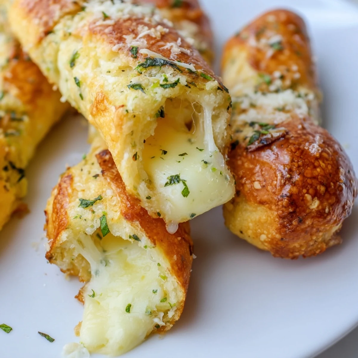 Golden keto garlic butter breadsticks brushed with melted garlic butter and fresh parsley garnish