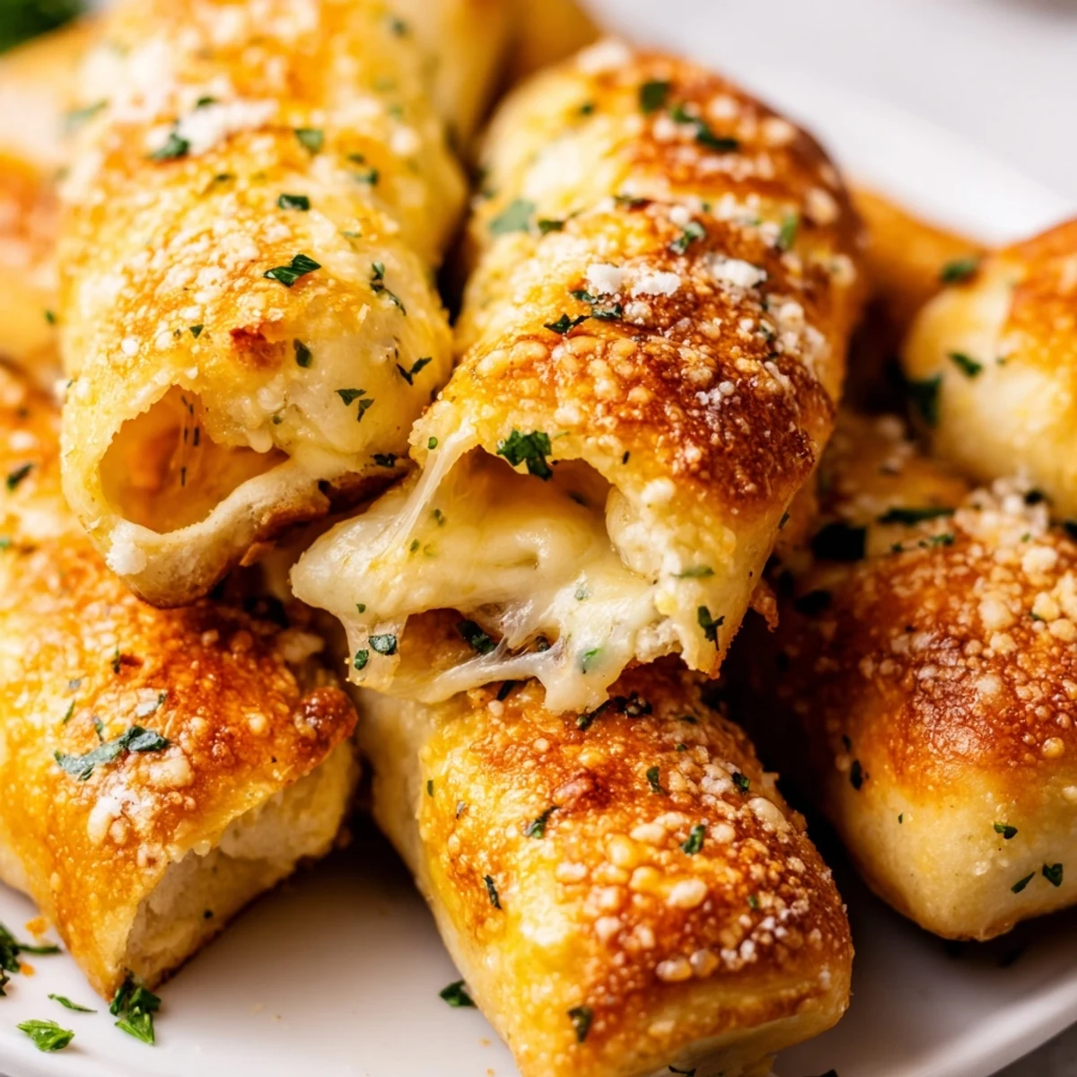 Soft low-carb garlic butter breadsticks topped with melted butter and grated Parmesan cheese