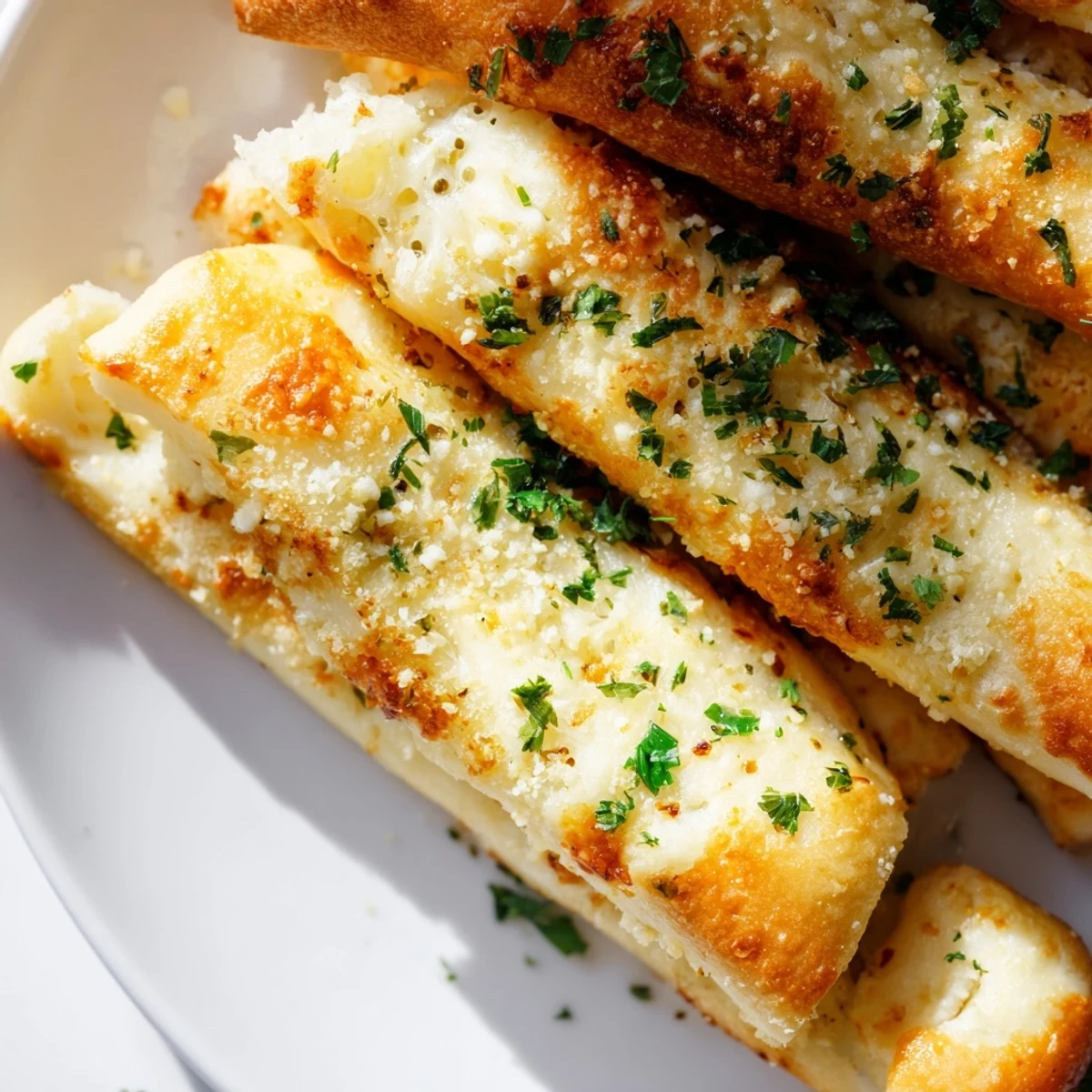 Warm keto garlic butter breadsticks fresh from the oven with glossy butter coating