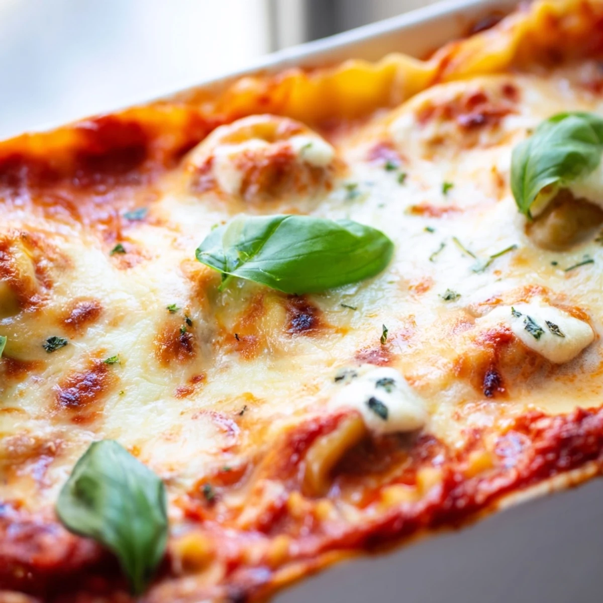 Golden, bubbling dumpling lasagna fresh from the oven with melted mozzarella and fresh basil garnish