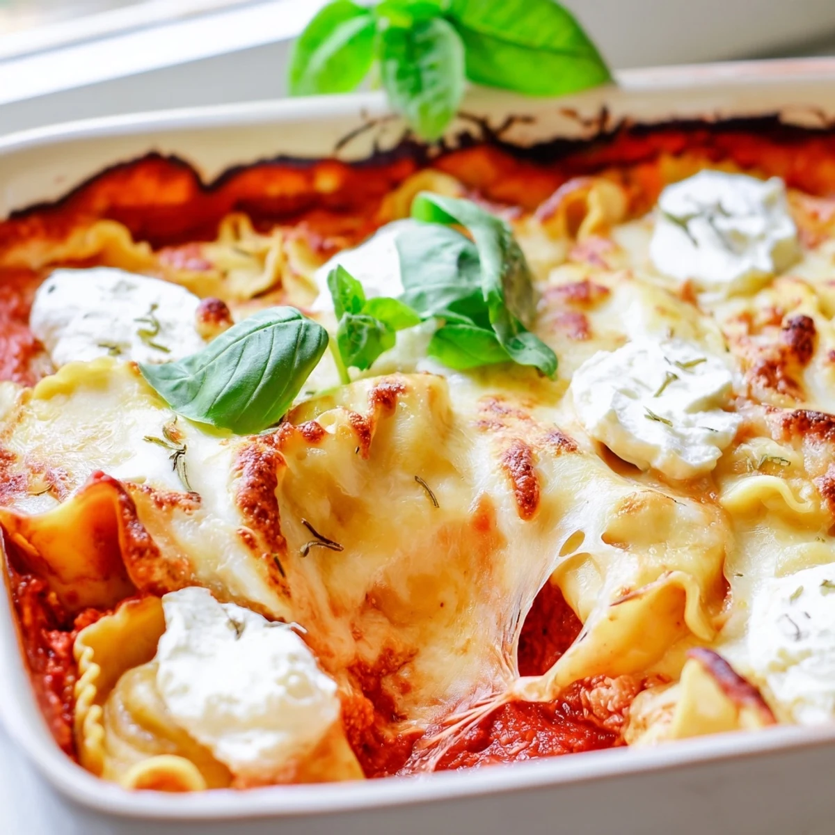 Savory gyoza and potstickers layered with marinara and three cheeses create this comforting Italian-Asian dumpling lasagna casserole