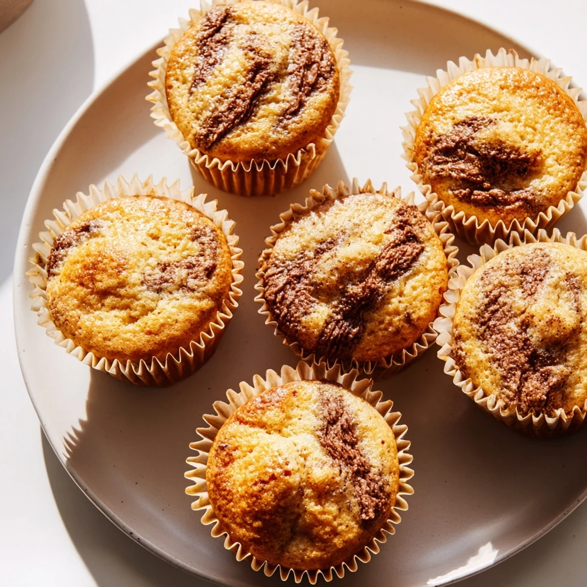 Golden Nutella banana swirl muffins with ribbons of chocolate hazelnut spread baked into moist banana batter