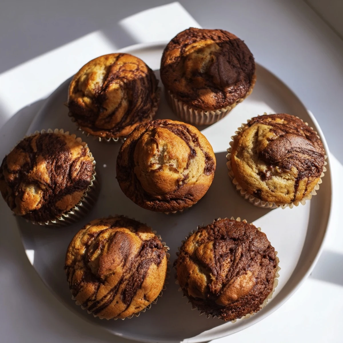 Freshly baked muffins showcasing a beautiful Nutella marbled pattern atop tender banana bread crumb texture