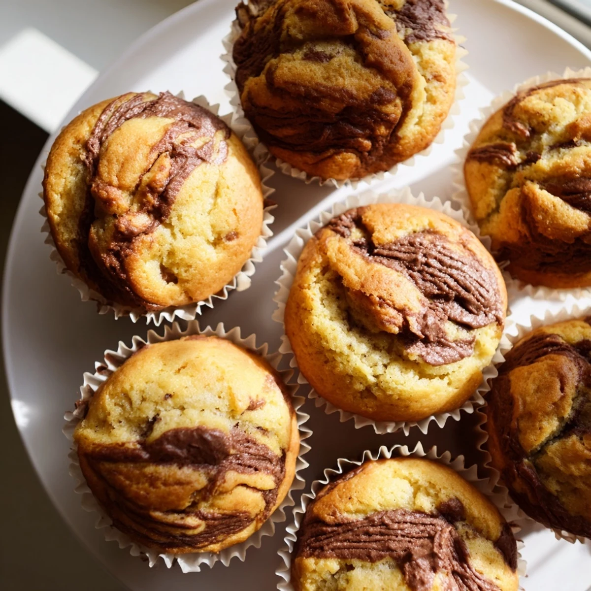 Warm breakfast muffins featuring swirling Nutella patterns against a golden fluffy banana muffin base