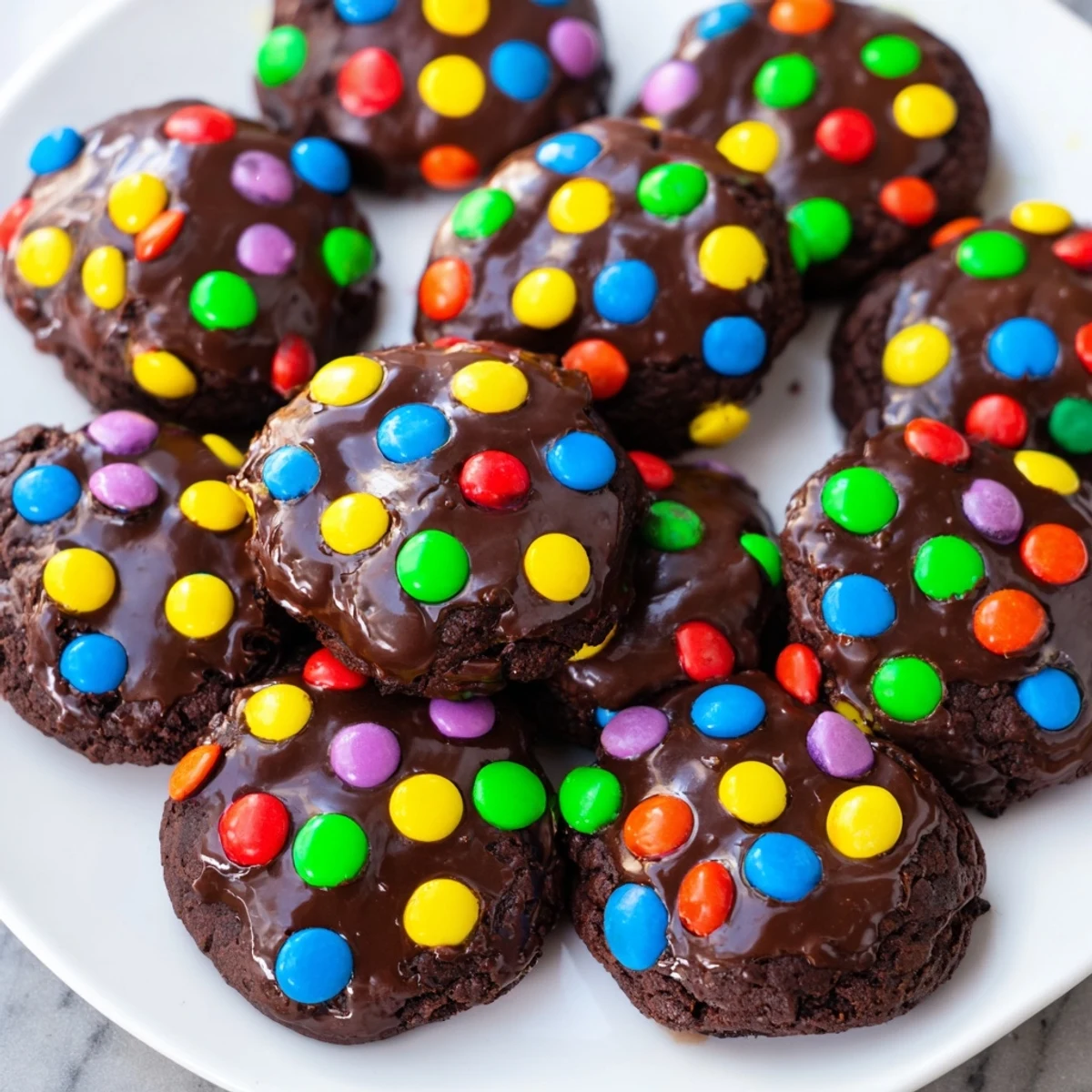 Close-up of Cosmic Brownie Cookies with glossy ganache and colorful sprinkled chocolate candies
