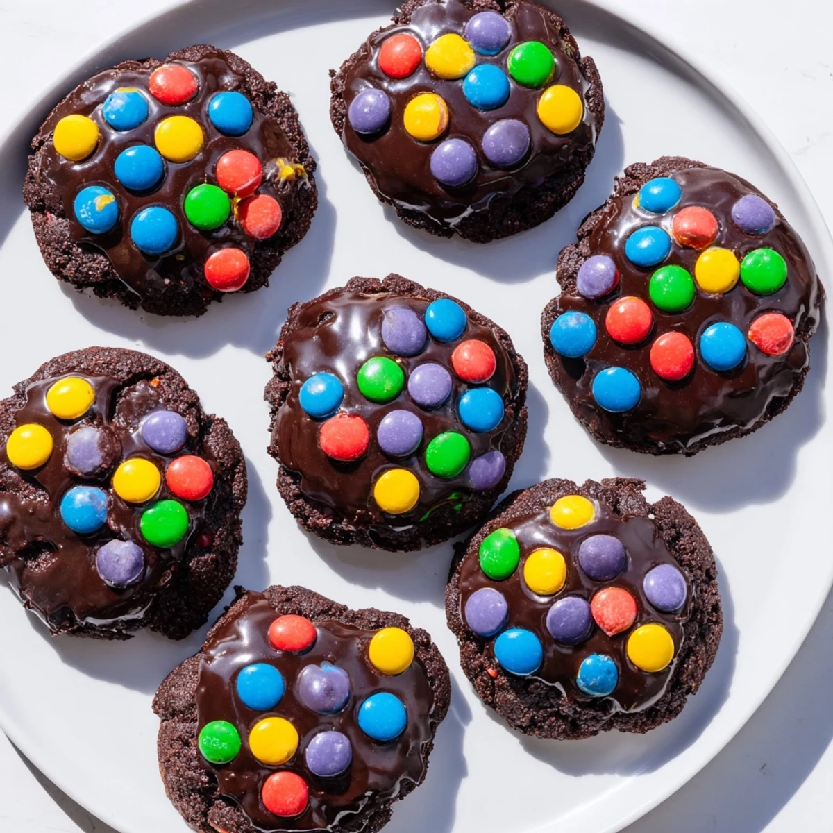 Fudgy Cosmic Brownie Cookies topped with smooth chocolate ganache and rainbow candy chips