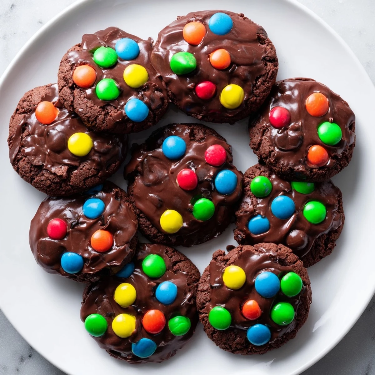Plate of Cosmic Brownie Cookies featuring rich chocolate layers and vibrant candy toppings