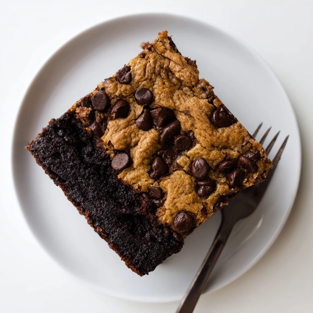 Golden chocolate chip cookie brownie bars stacked on a wire cooling rack