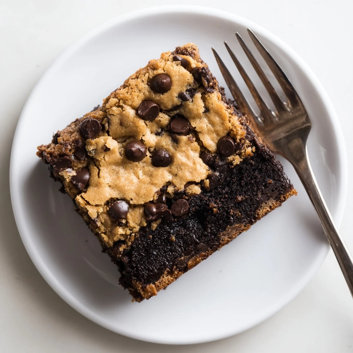 Freshly baked chocolate chip cookie brownies sliced into squares with gooey centers
